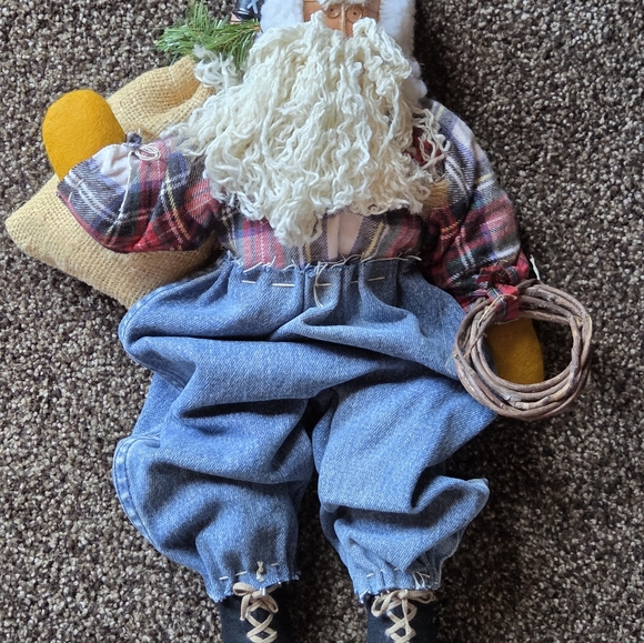 Vtg 90's Primitive Folk Art 17” Sitting Santa Handmade Flannel Shirt Denim Pants - Picture 7 of 8
